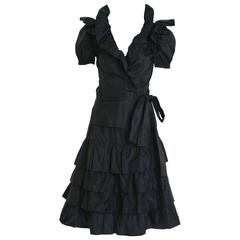 1980s SAINT LAURENT Rive Gauche Black Silk Ruffle 2 pc Suit Dress
