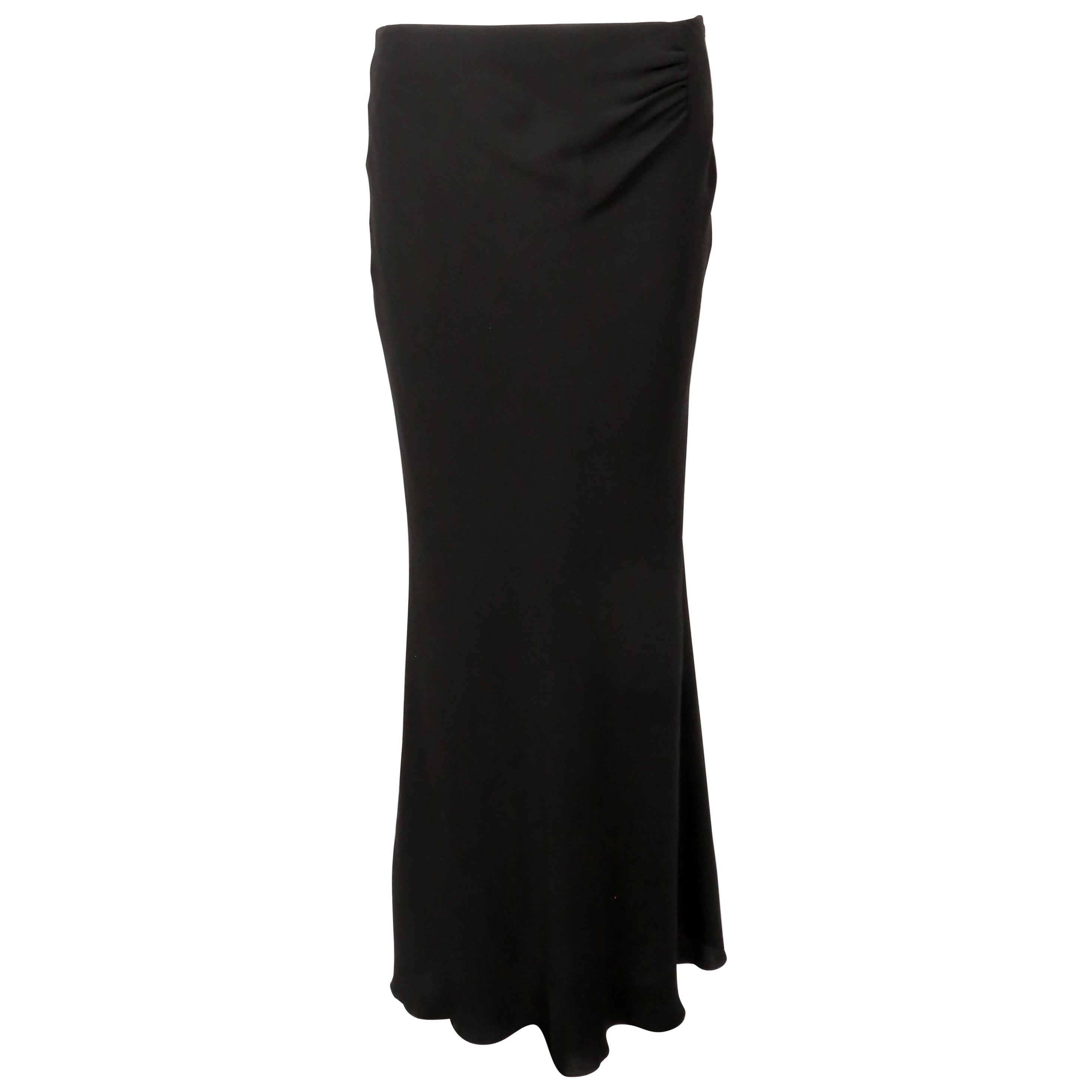 1990's GUY LAROCHE black floor length bias cut skirt with ruched low waist For Sale