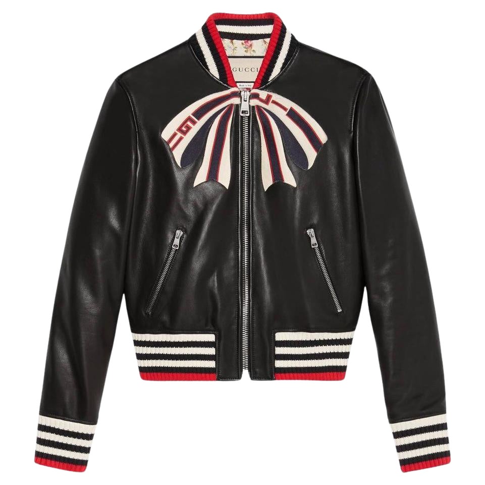 Gucci 4K$ Logo Bow Black Leather Jacket