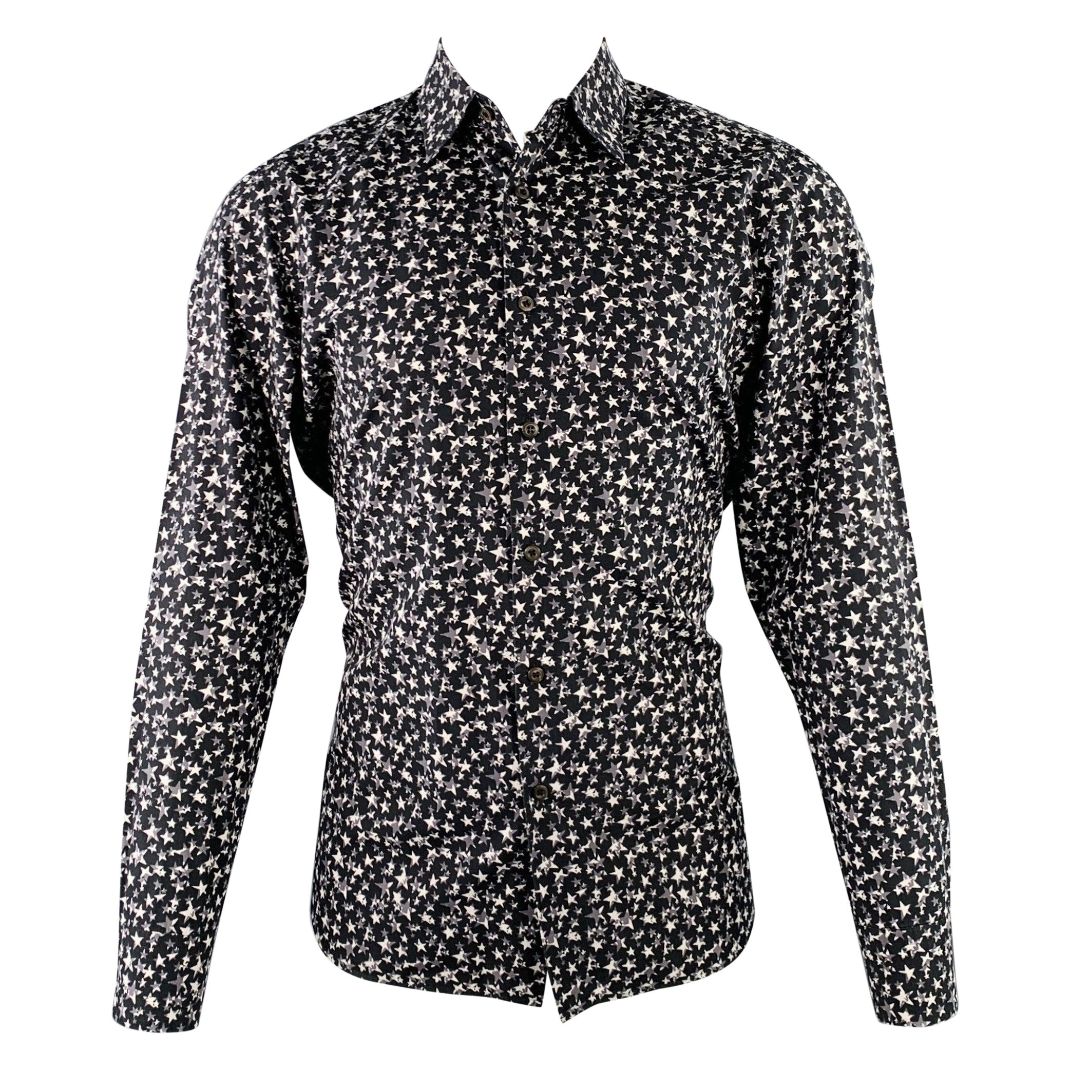 PRADA Size S Black White Grey Stars Cotton Button Up Long Sleeve Shirt For Sale