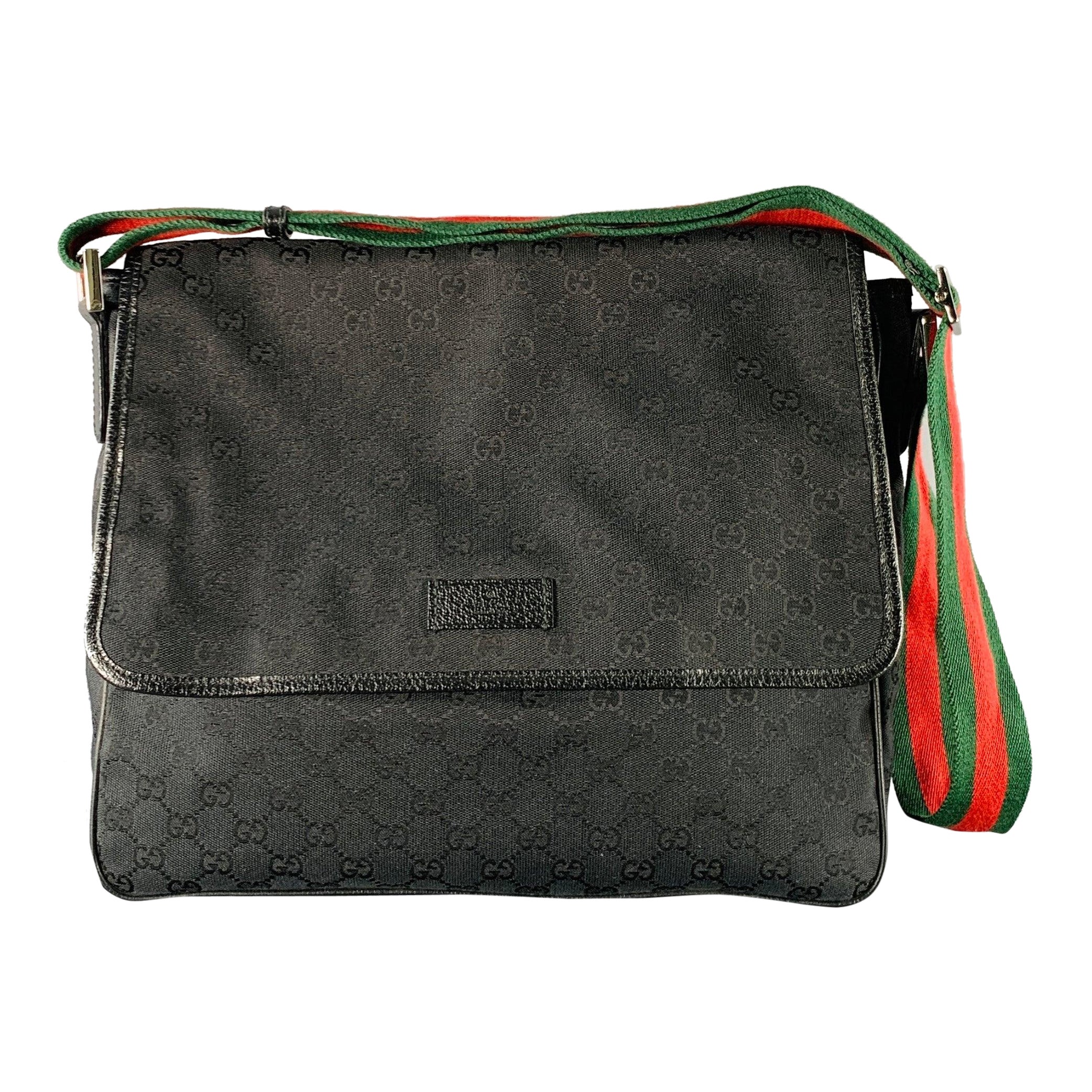 GUCCI Black Red Green Guccissima Monogram Web Canvas Messenger Bag