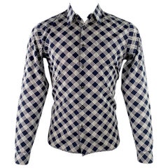 PRADA Size S Navy White Plaid Cotton Button Up Long Sleeve Shirt