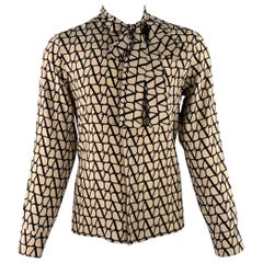 VALENTINO Size M Toile Iconographe Khaki Black Monogram Cotton Bow Long Sleeve Shirt