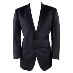 ERMENEGILDO ZEGNA Manteau de sport ajusté en laine et soie à rayures texturées bleu marine vintage, taille 46