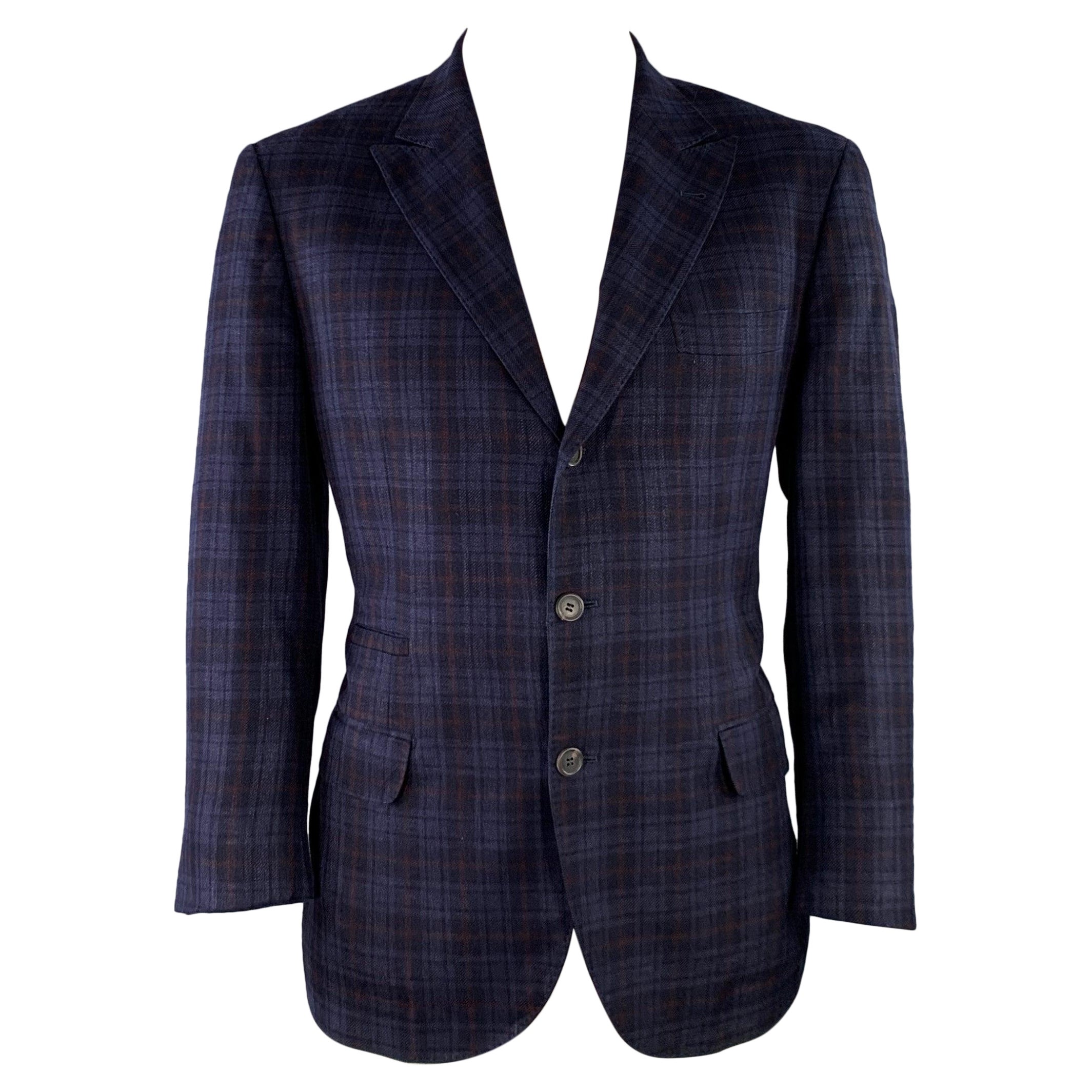 BRUNELLO CUCINELLI Size 46 Navy Brown Plaid Linen Blend Sport Coat