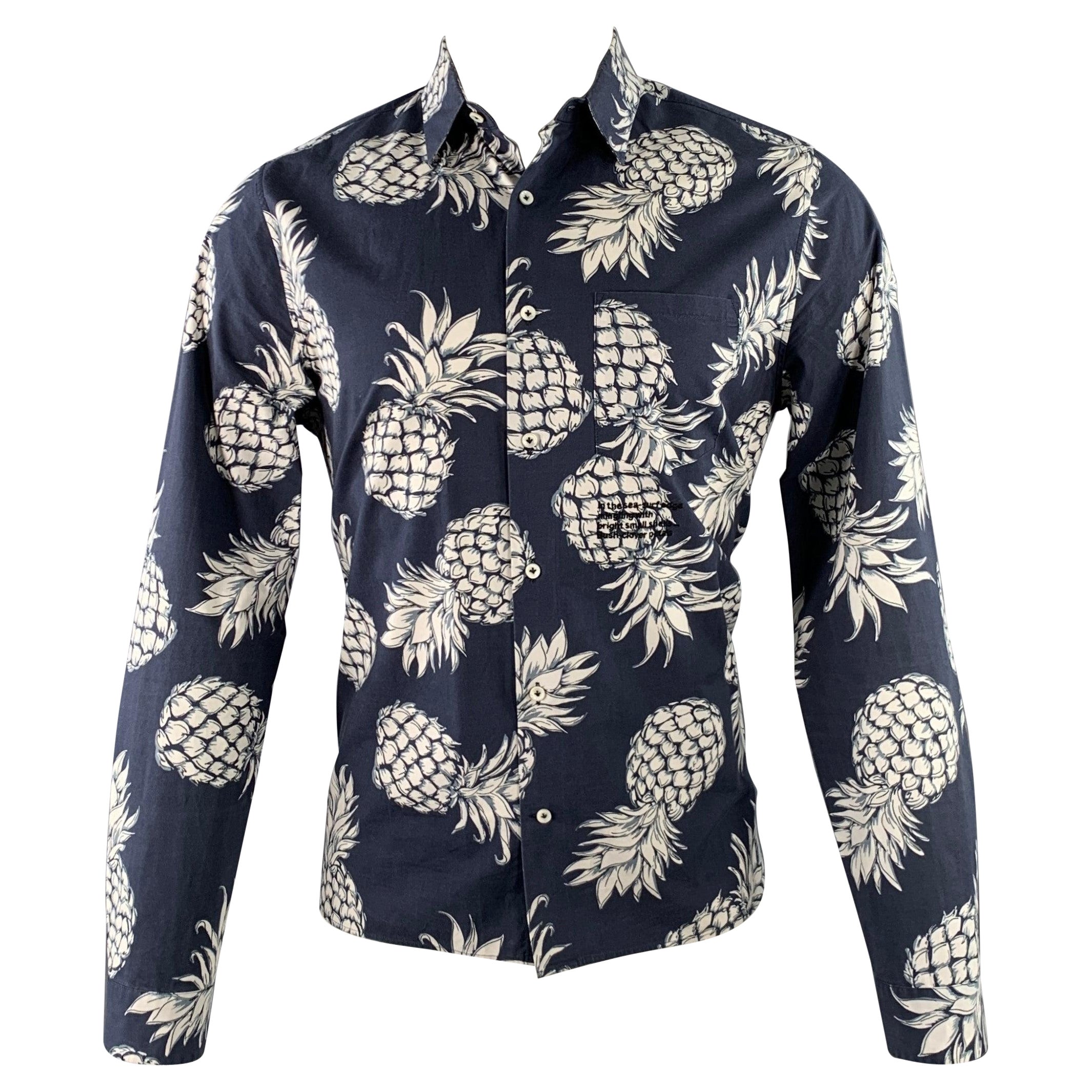 VALENTINO Size M Navy White Pineapple Print Cotton Button Up Long Sleeve Shirt For Sale