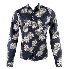 VALENTINO Size M Navy White Pineapple Print Cotton Button Up Long Sleeve Shirt