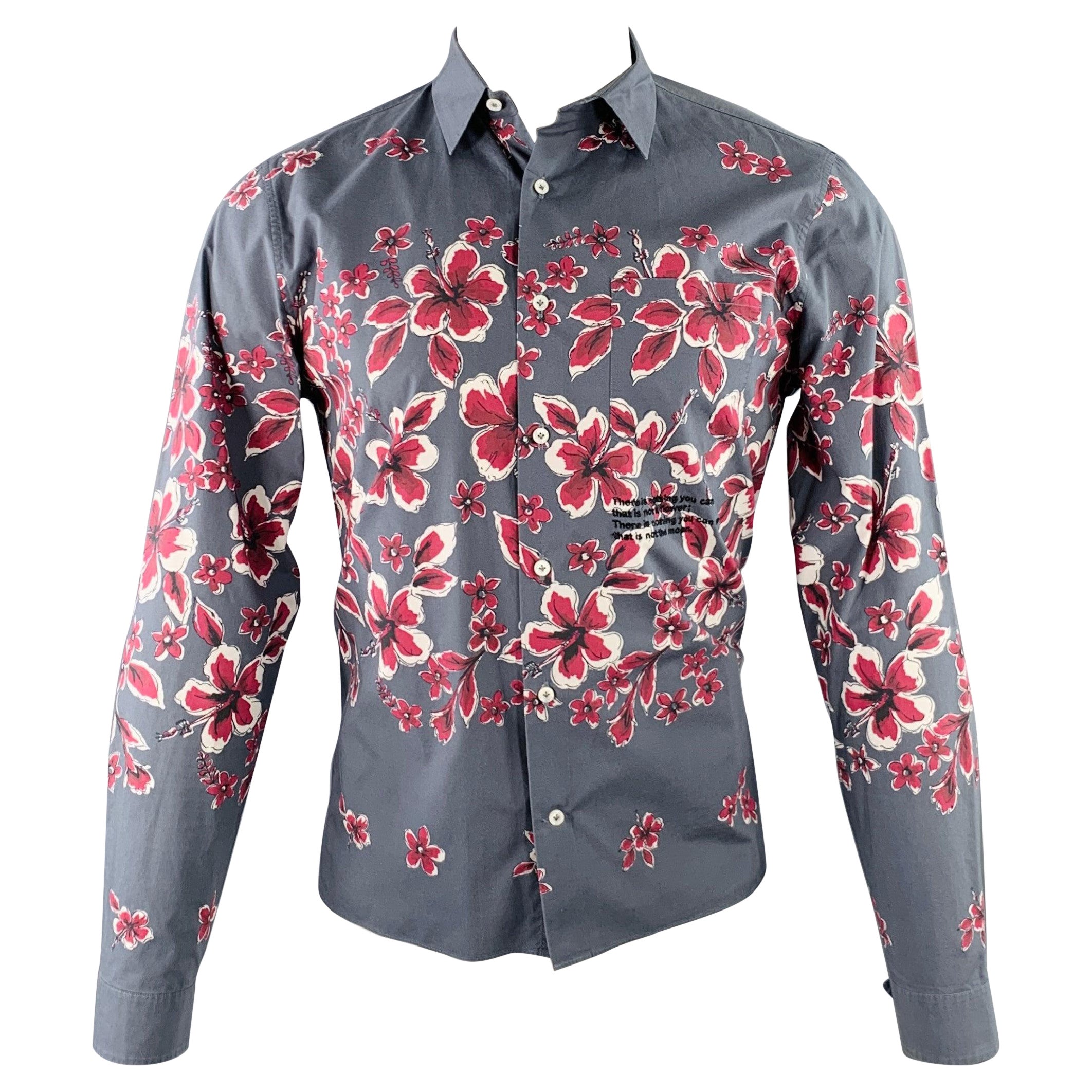 VALENTINO Size S Grey Magenta Floral Cotton One Pocket Button Up Long Sleeve Shirt For Sale