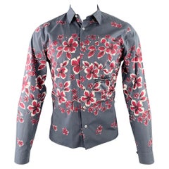 VALENTINO Size S Grey Magenta Floral Cotton One Pocket Button Up Long Sleeve Shirt