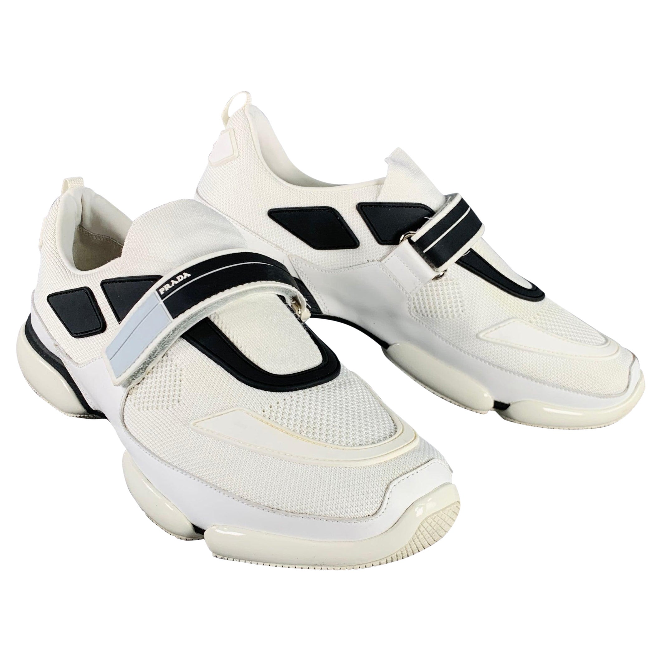 PRADA Size 9.5 White Black Mesh Rubber Hook Loop Sneakers