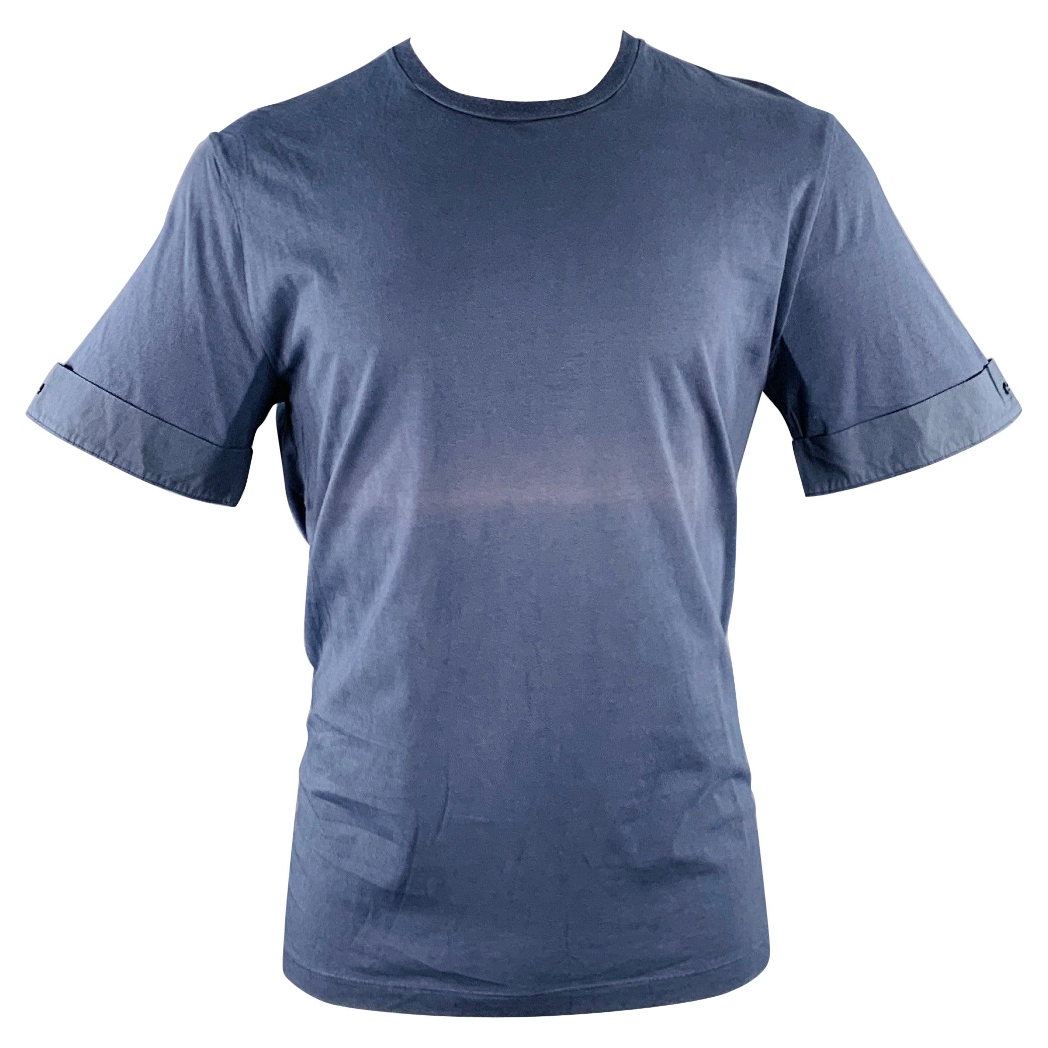NEIL BARRETT Taille M Bleu Blanc Coton Lightning Bolt Cuffed Crew Neck T-shirt en vente