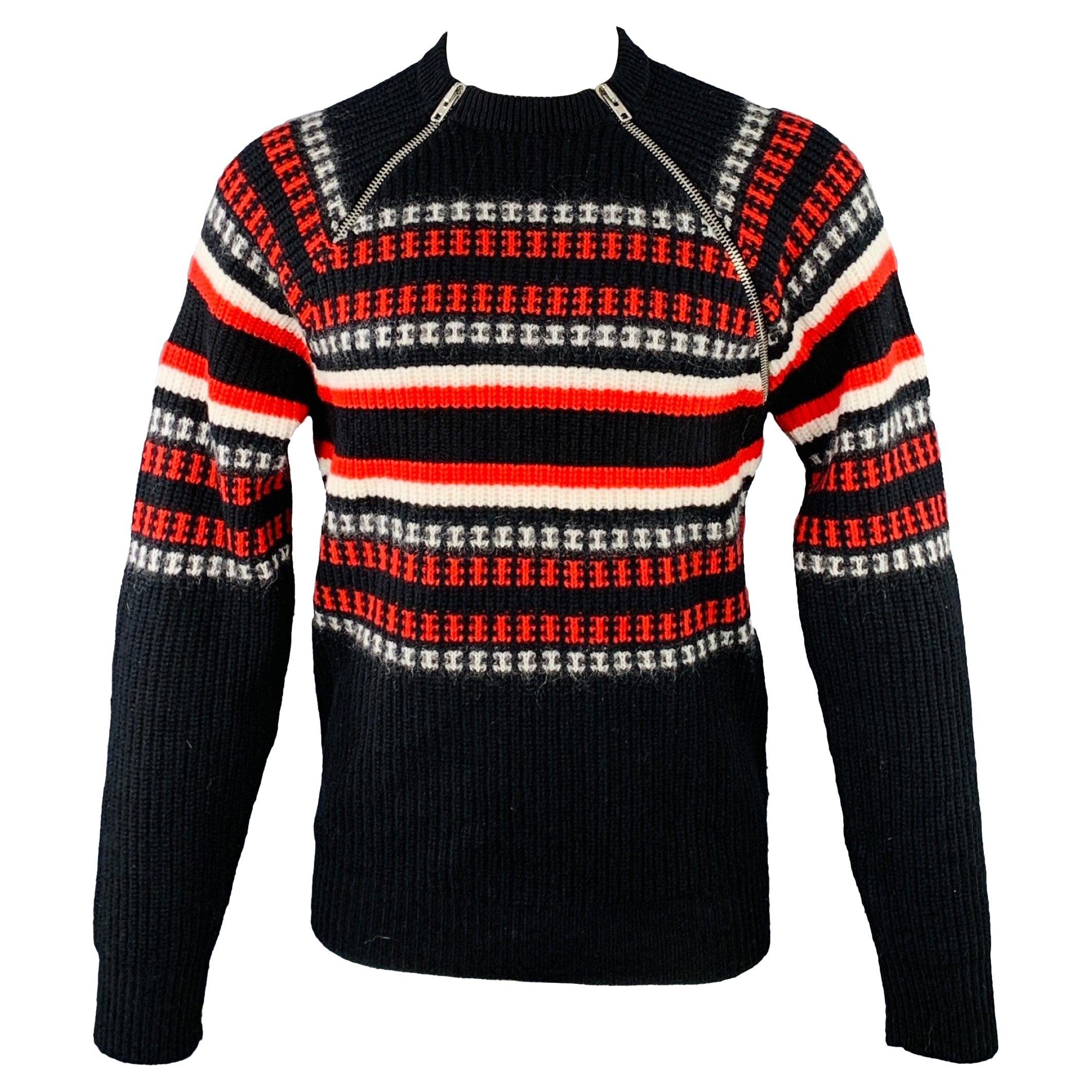 GIVENCHY Größe L Schwarz Rot Weiß gestreifter Pullover mit Rundhalsausschnitt aus Wollmischung