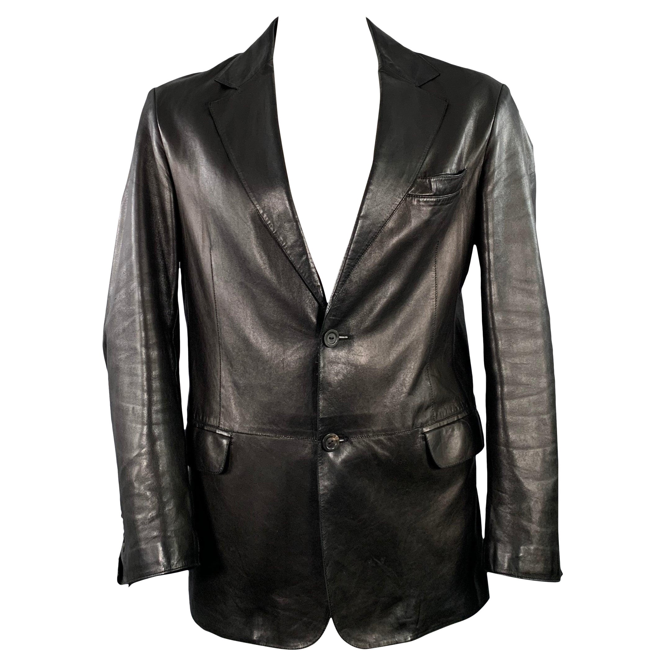 ARMANI COLLEZIONI Size 42 Black Lambskin Leather Single Breasted Notch Lapel Jacket