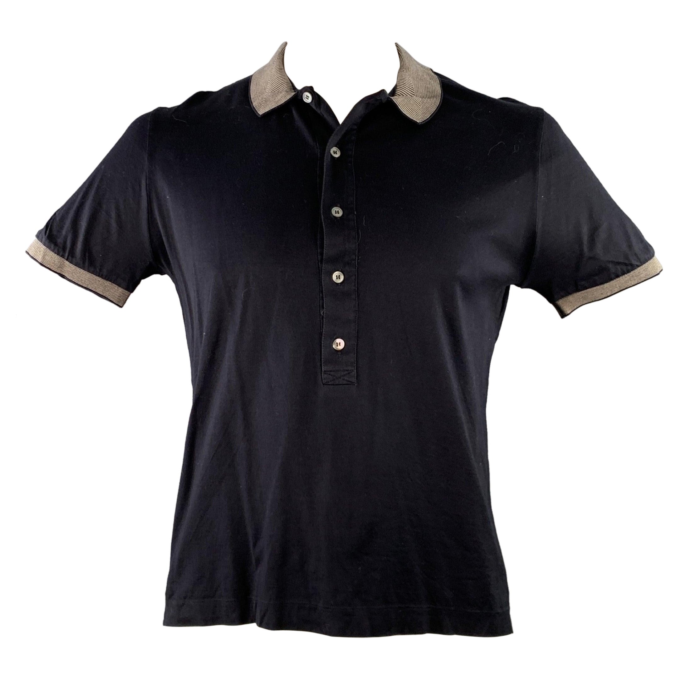PAUL SMITH Size L Navy Grey Cotton Contrast Stripe Trim Polo For Sale