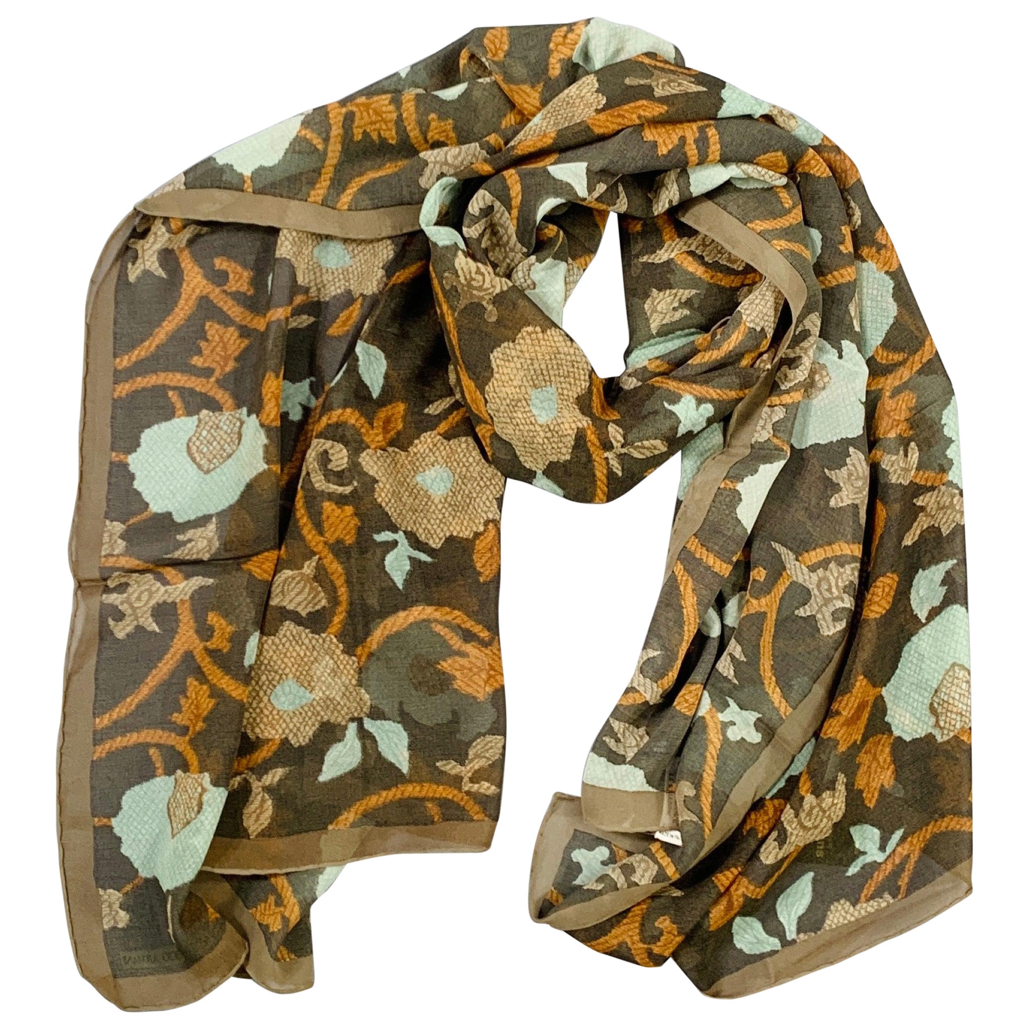 GIORGIO ARMANI Brown Turquoise Abstract Floral Silk Scarf Shawl