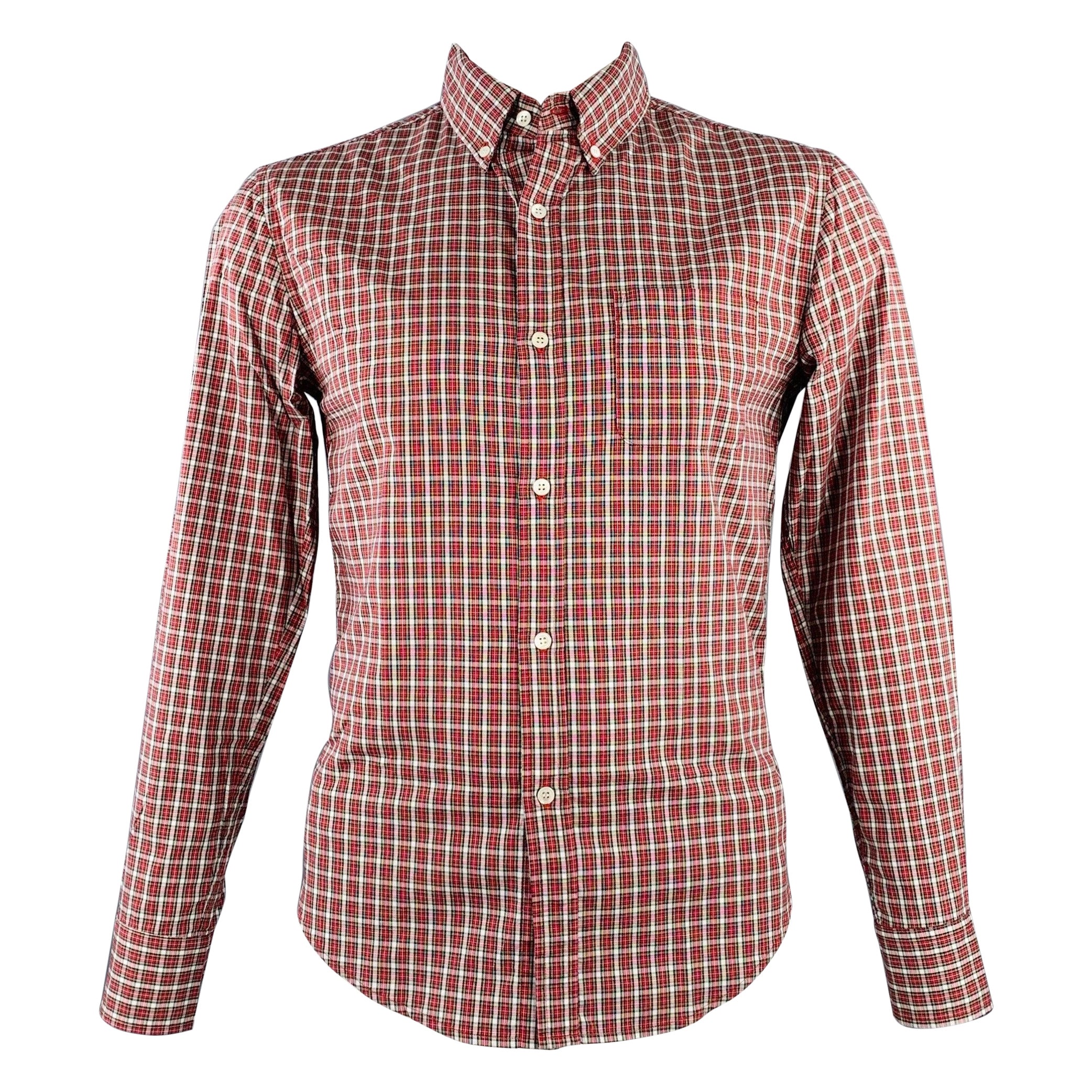 BAND OF OUTSIDERS Size L Red White Plaid Cotton Button Down Collar One Pocket Long Sleeve Shirt For Sale