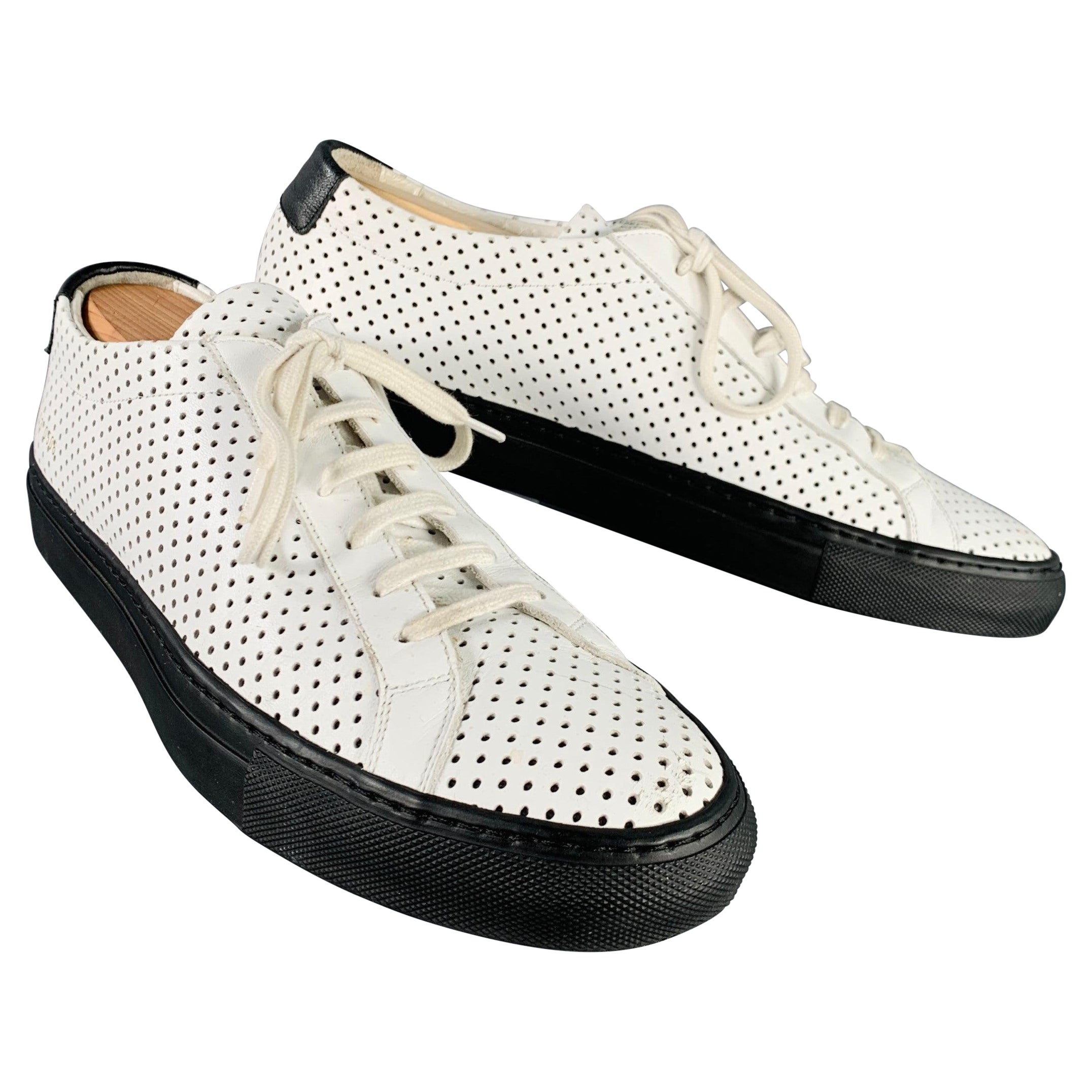 COMMON PROJECTS Size 10 White Black Perforated Leather Low Top Sneakers