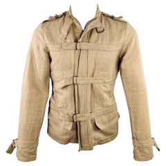 BOTTEGA VENETA Veste bondage en lin et coton kaki avec boucles zippées, taille 40