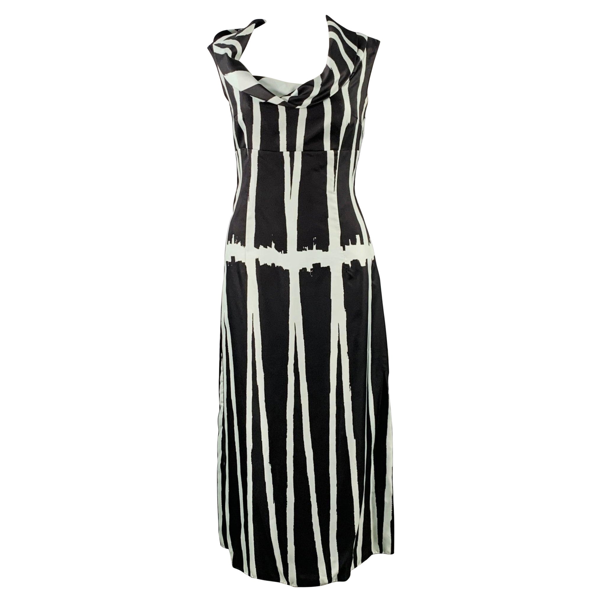 MIU MIU Size 4 Black Light Blue Silk Stripe Cowl Collar Dress For Sale