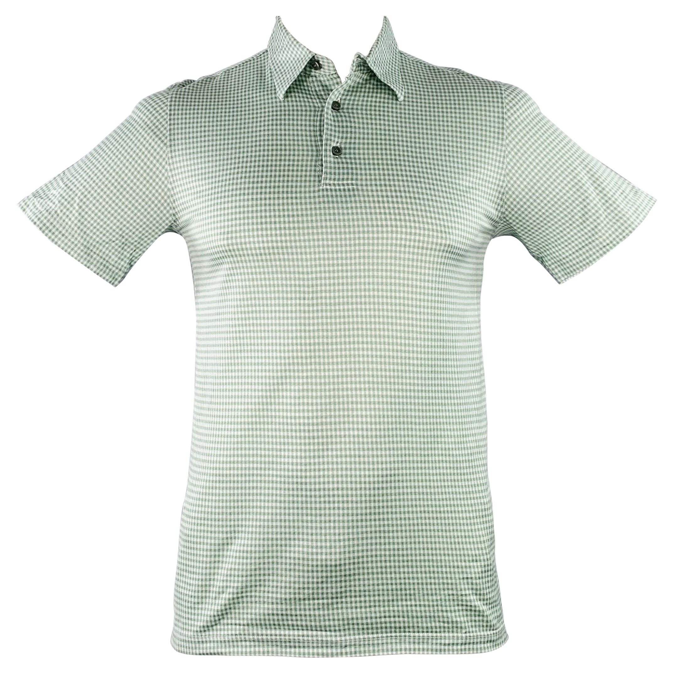 BRIONI Größe L Grün-Weiß kariertes Baumwoll Polo mit halber Plakette aus Baumwolle im Angebot