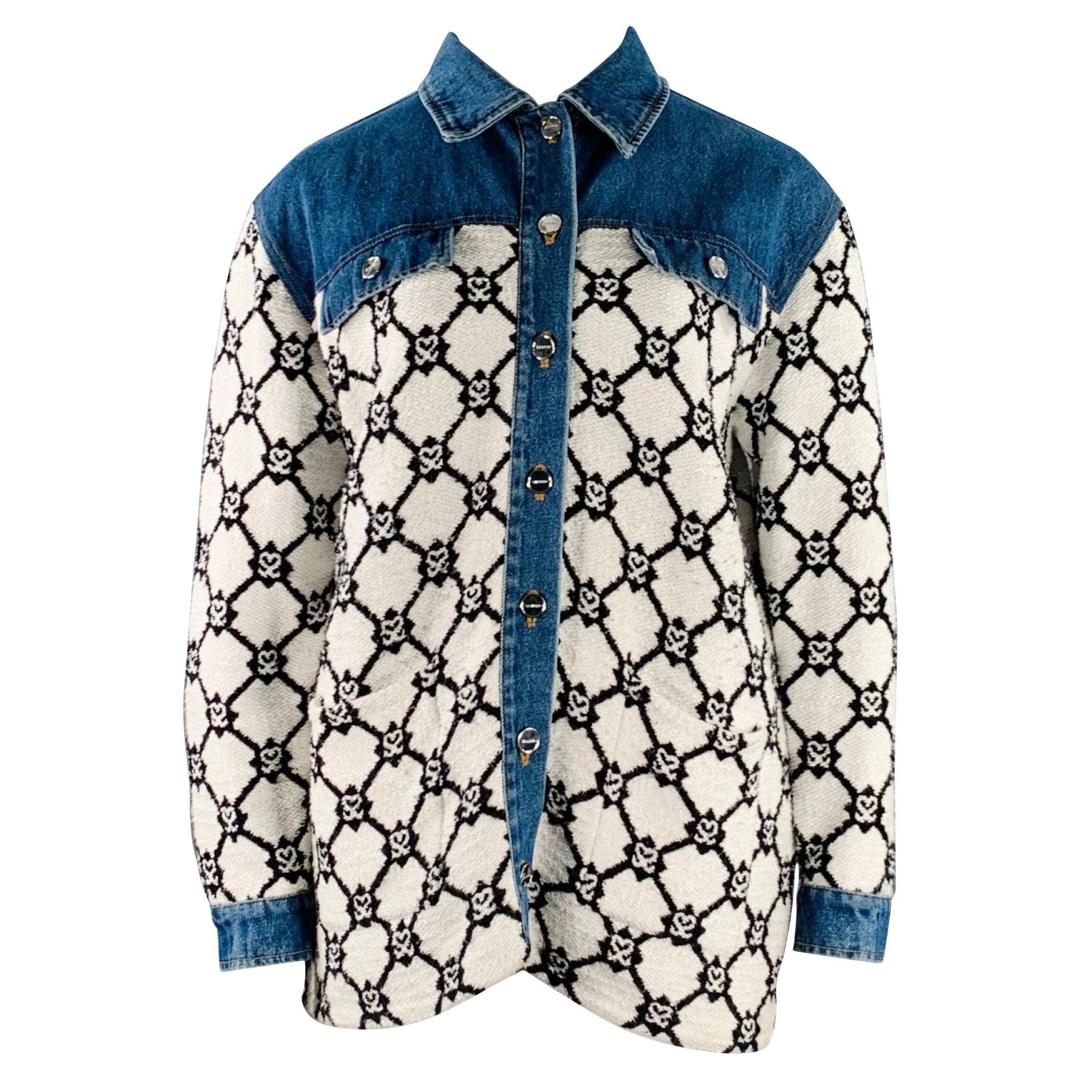 SANDRO Size L Blue Black White Hearts Cotton Blend Denim Jacket For Sale