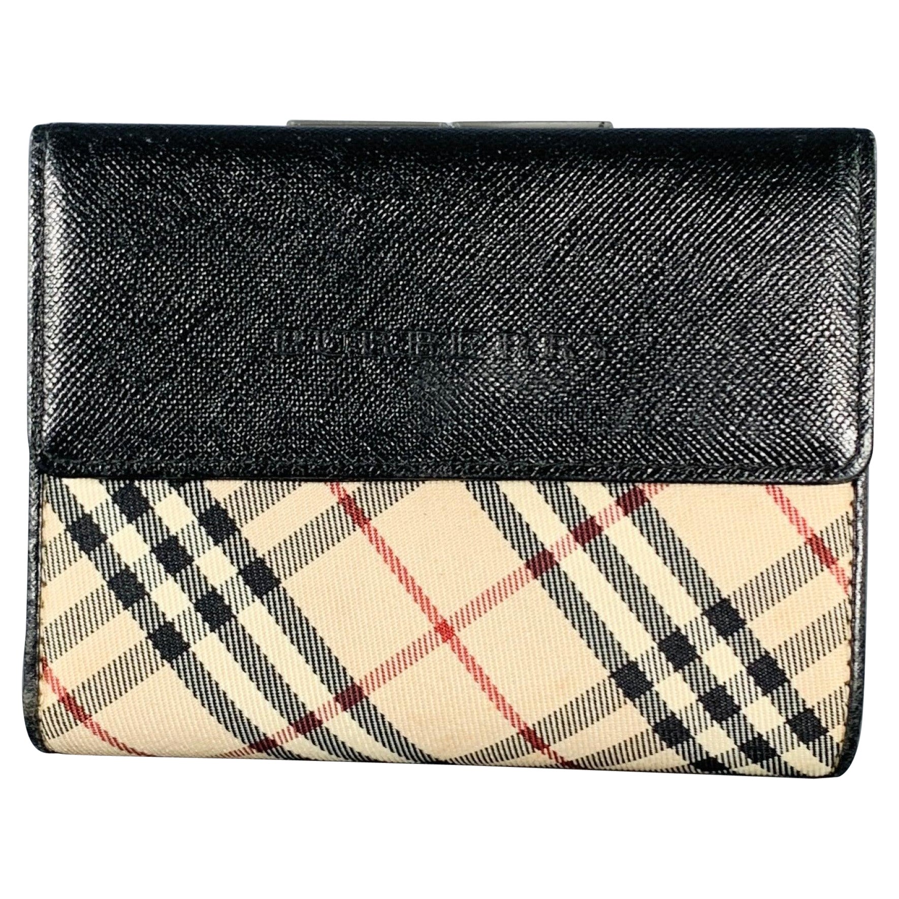 BURBERRY Beige Black Plaid Saffiano Leather Nylon Wallet