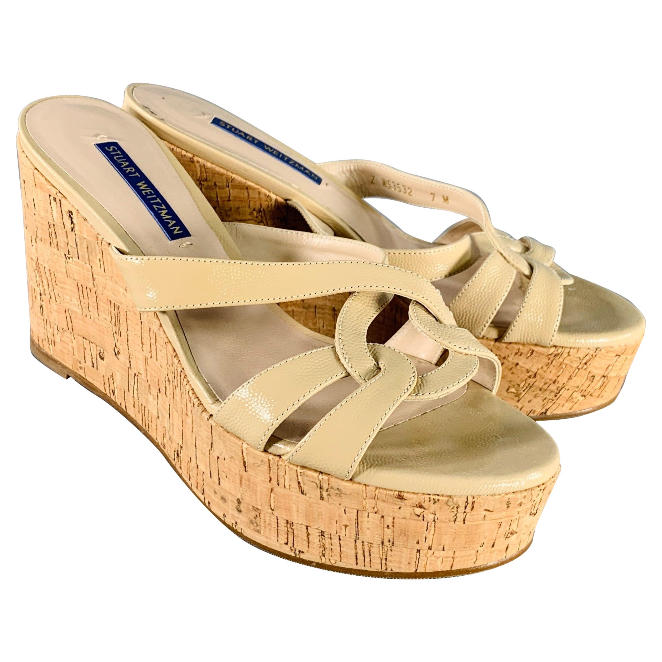 STUART WEITZMAN Size 7 Beige Textured Cork Platform Wedge Sandals