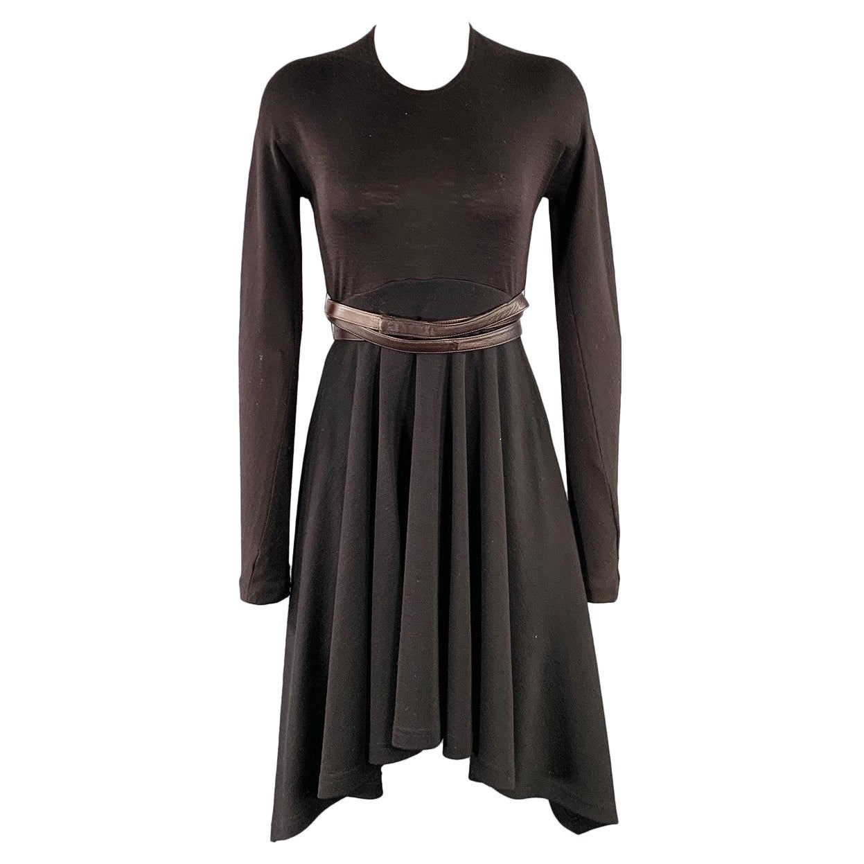 DONNA KARAN Size 6 Brown Wool Jersey Belted Long Sleeve Asymmetrical Dress For Sale