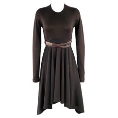 DONNA KARAN Size 6 Brown Wool Jersey Belted Long Sleeve Asymmetrical Dress