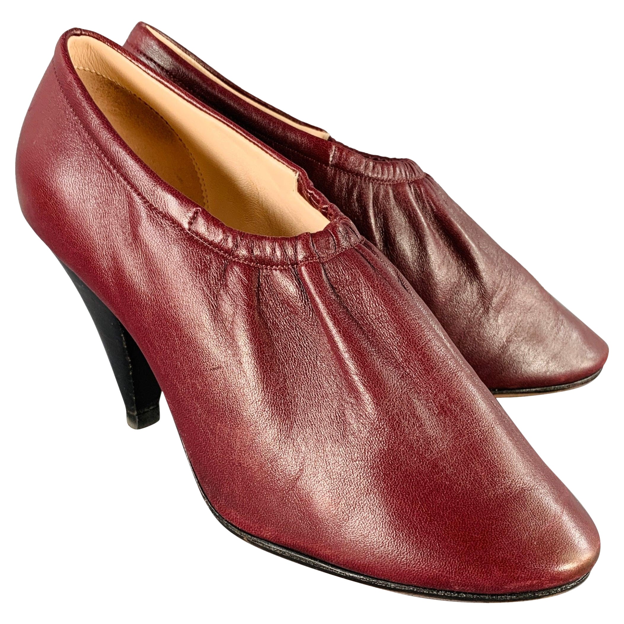 CELINE Size 7 High Throat Burgundy Leather Cone Heel Pumps For Sale