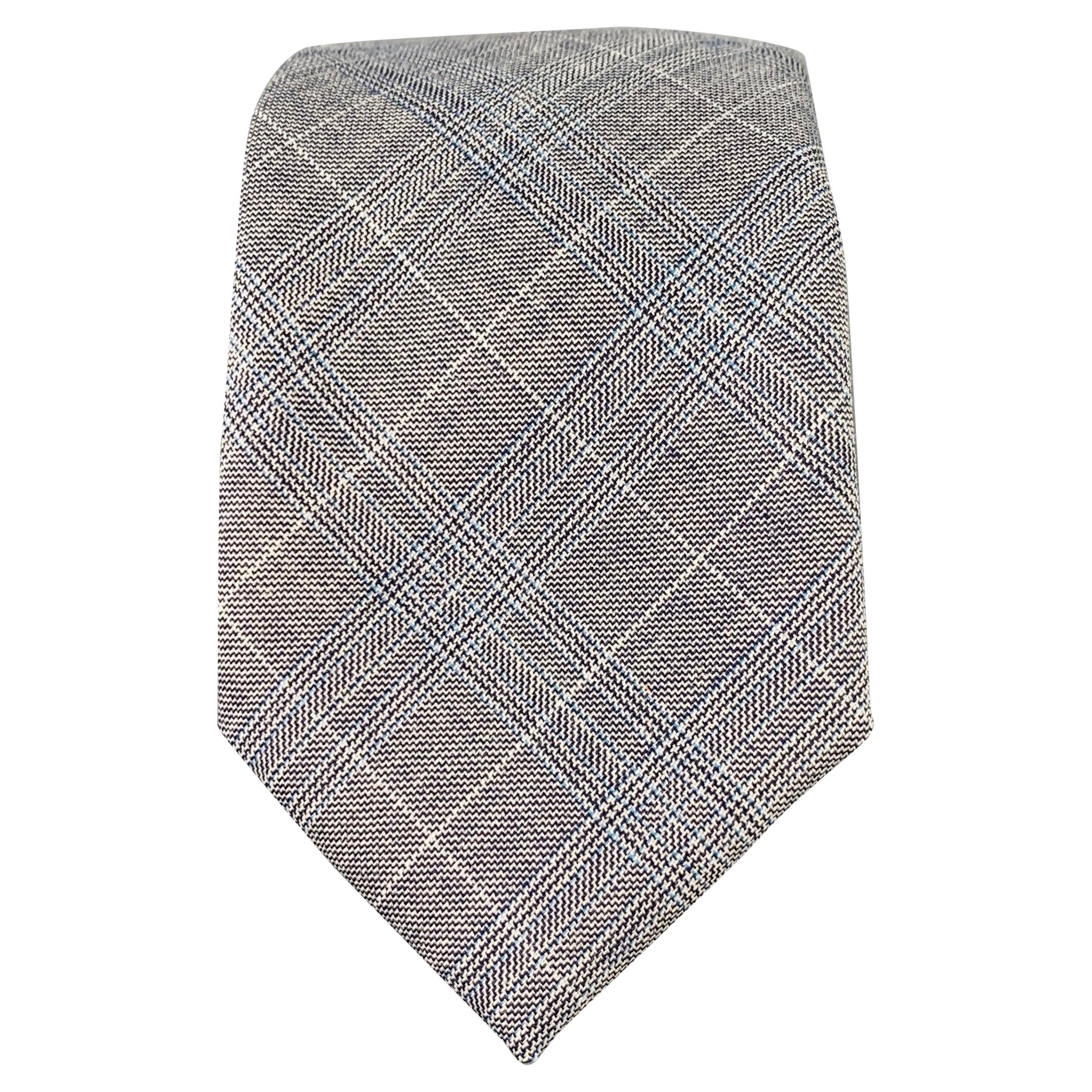 BLACK FLEECE Grey White Plaid Wool Skinny Tie