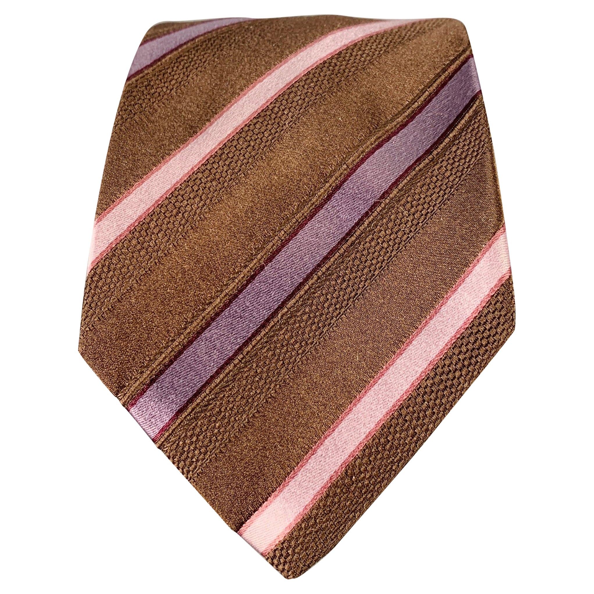 GUCCI Brown Purple Pink Diagonal Stripe Silk Tie