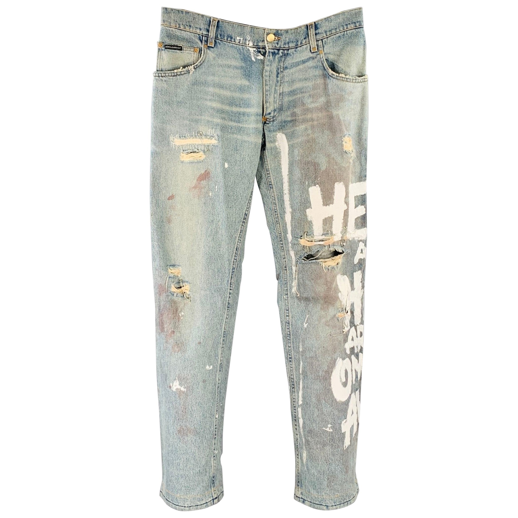 DOLCE & Gabbana Taille 33 Heaven and Hell Bleu blanc peint à la main Denim Straight Distressed Jeans