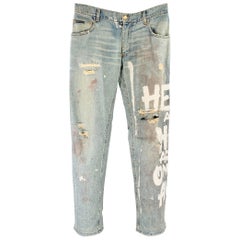 DOLCE & GABBANA Size 33 Heaven and Hell Blue White Hand Painted Denim Straight Distressed Jeans
