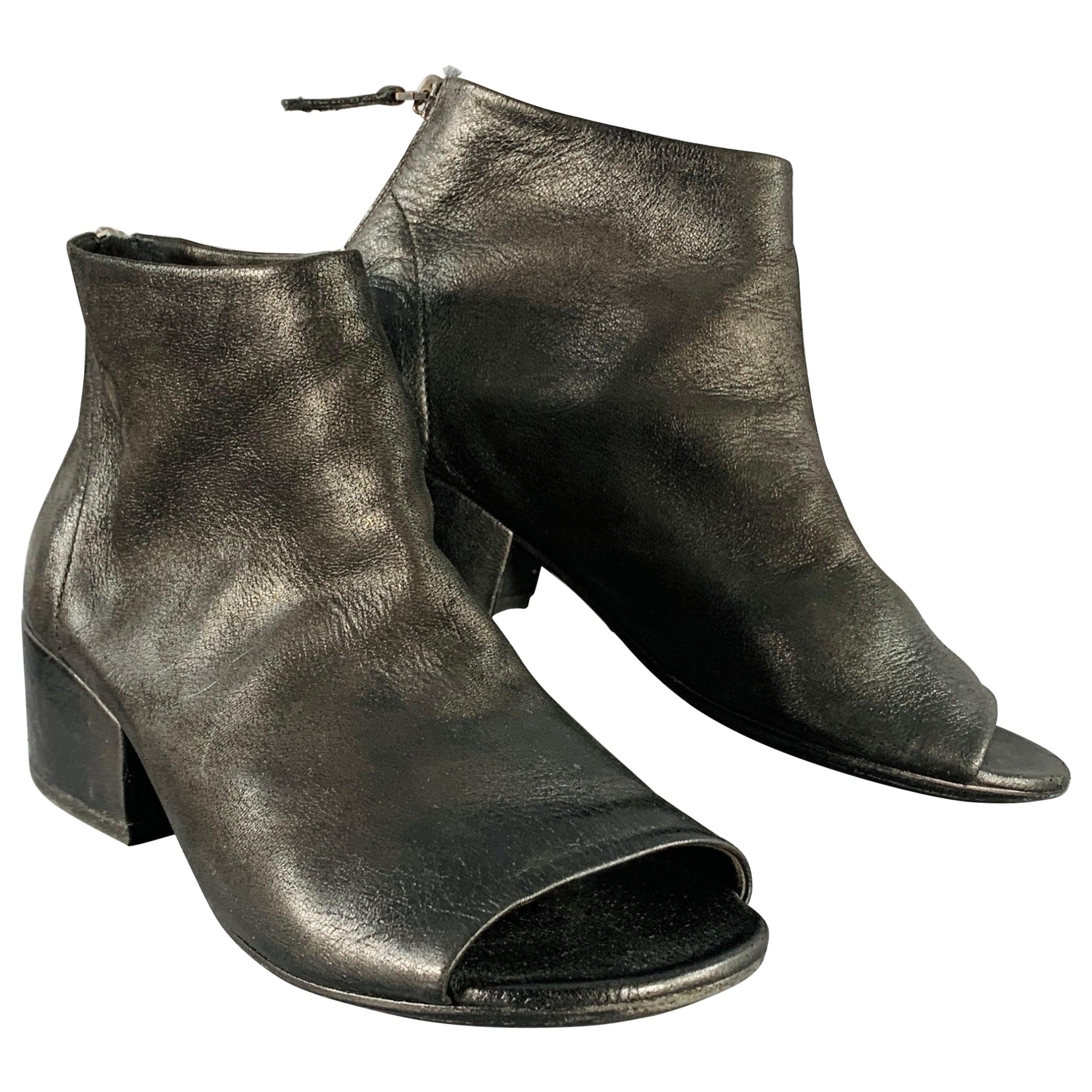 MARSELL Size 7.5 Black Leather Peep Toe Stacked Heel Ankle Boots
