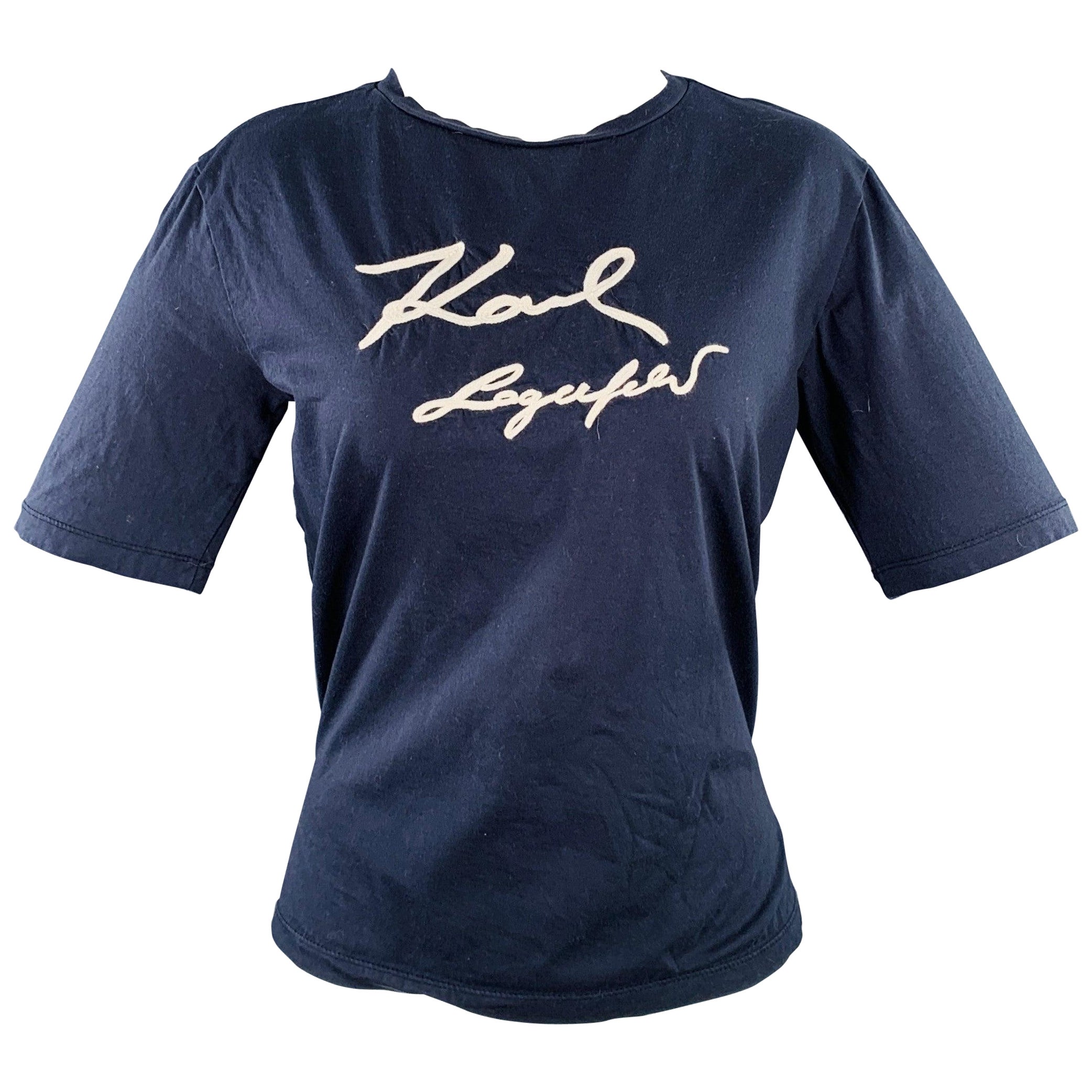 KARL LAGERFELD Size M Navy White Cotton Embroidered Logo Crew Neck T-Shirt For Sale