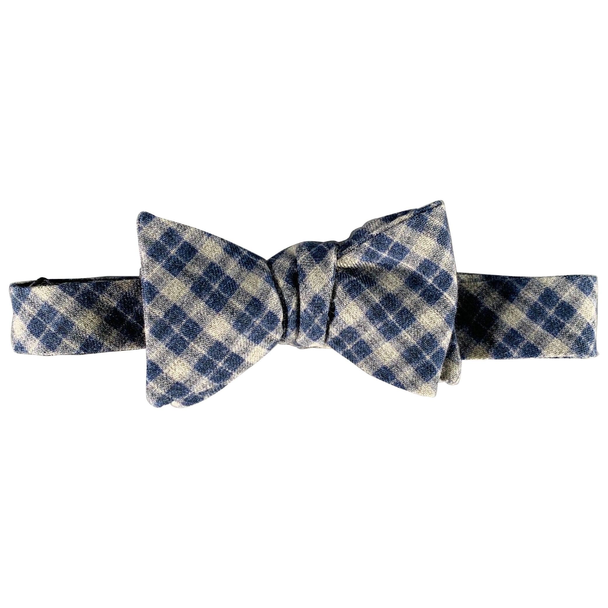 NEIMAN MARCUS Grey Navy Plaid Wool Silk Bow Tie