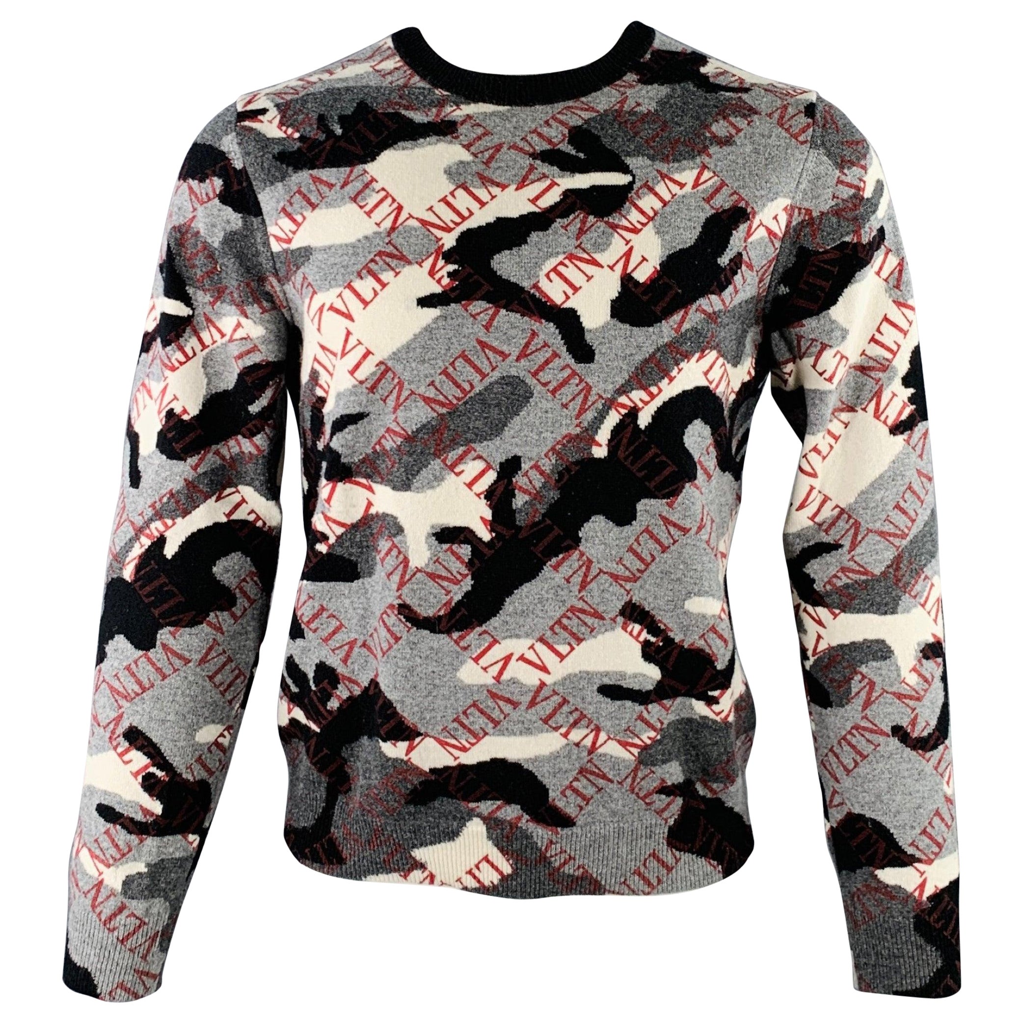 VALENTINO Size S Grey Black White Knit Camouflage Logo Cashmere Crew Neck Pullover For Sale
