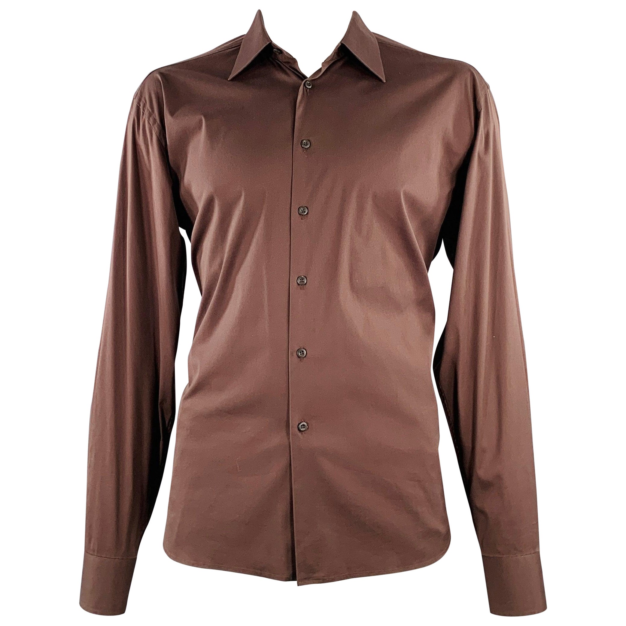 PRADA Size XL Brown Cotton Blend Spread Collar Long Sleeve Shirt For Sale