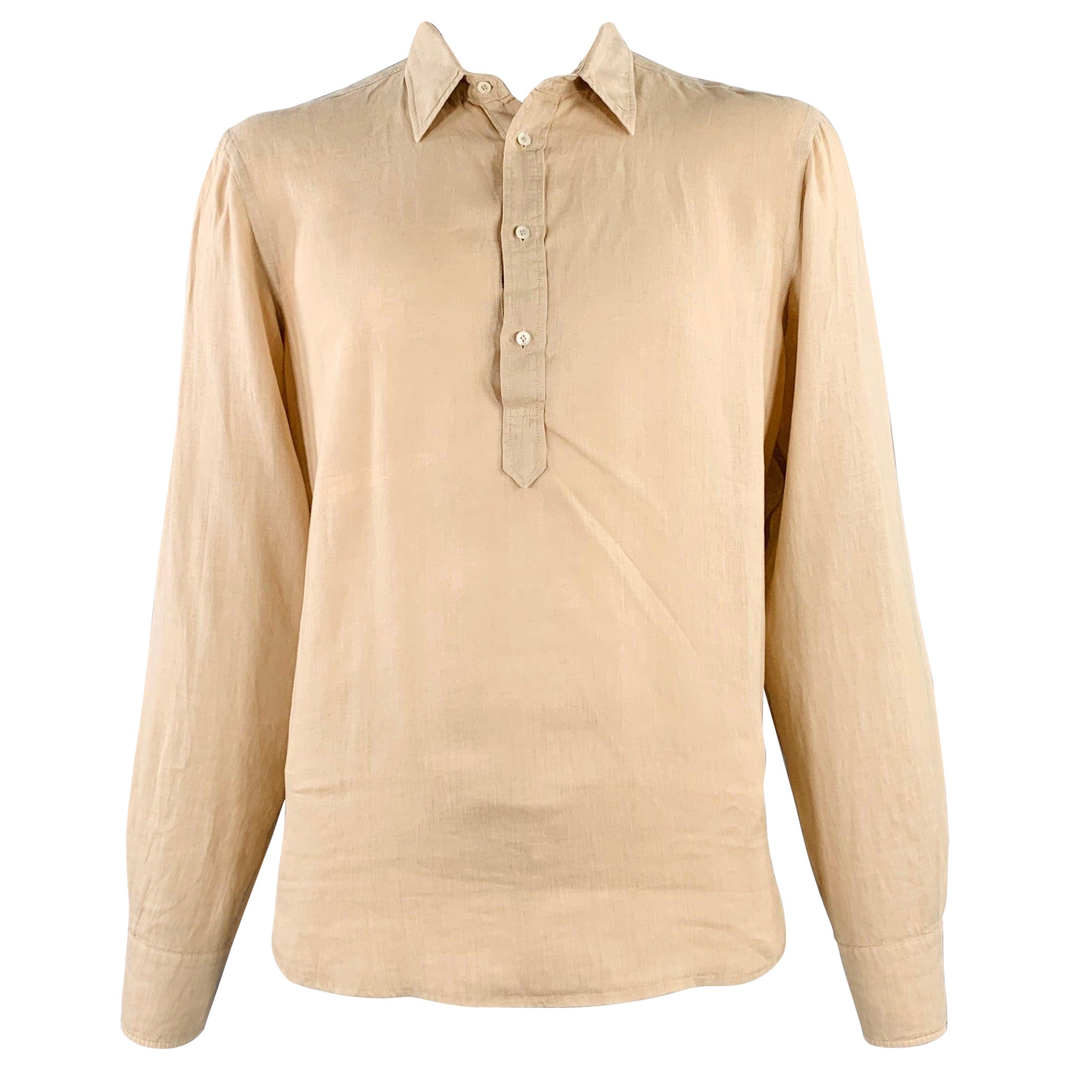 ASPESI Size XL Peach Linen Half Placket Long Sleeve Shirt For Sale