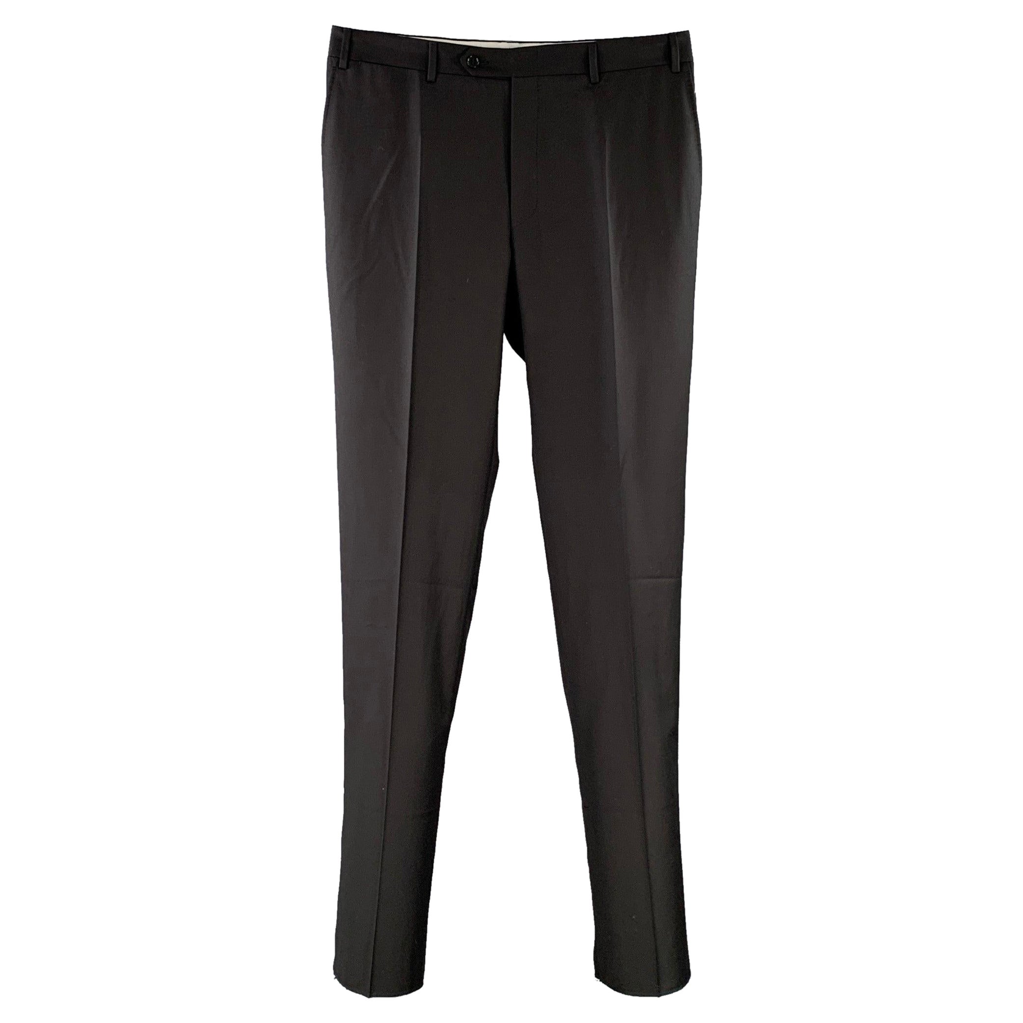 CANALI Size 34 Black Wool Flat Front Dress Pants For Sale