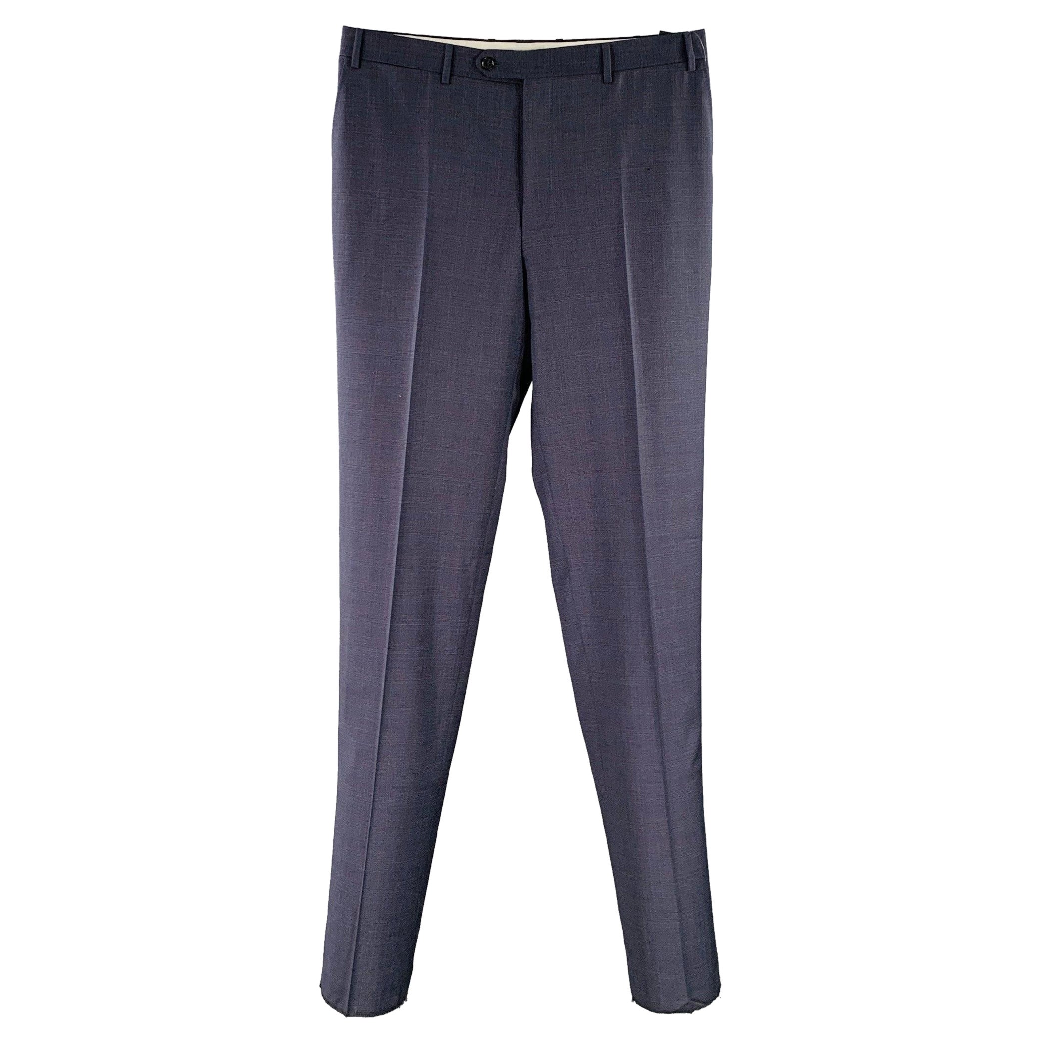 CANALI Size 36 Navy Brown Wool Flat Front Dress Pants For Sale