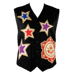 BYBLOS Size 42 Black Multi Color Stars Linen V-Neck Vest
