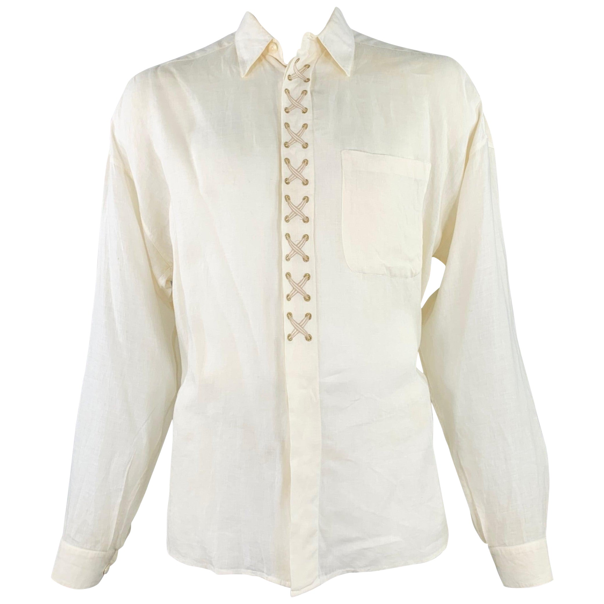 BYBLOS Size L Cream Gold Embroidery Linen One Pocket Long Sleeve Shirt