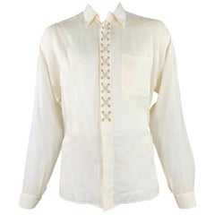 BYBLOS Size L Cream Gold Embroidery Linen One Pocket Long Sleeve Shirt