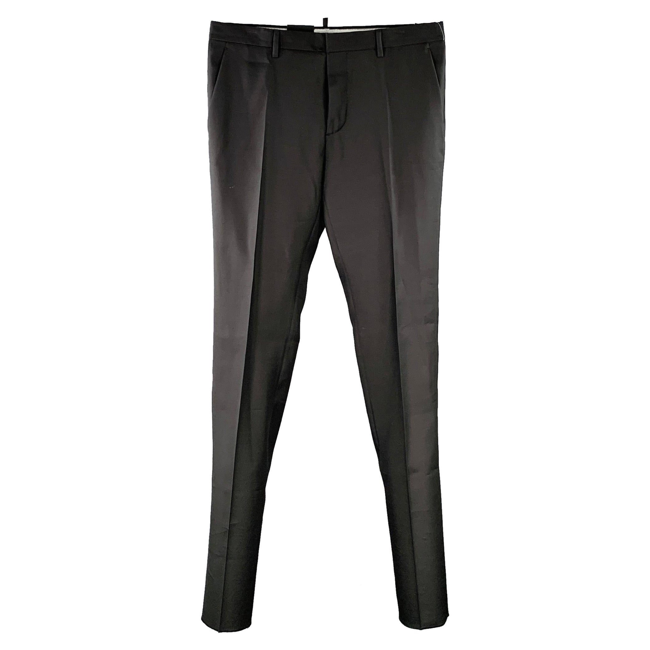 DSQUARED2 Size 34 Black Wool Silk Flat Front Dress Pants For Sale
