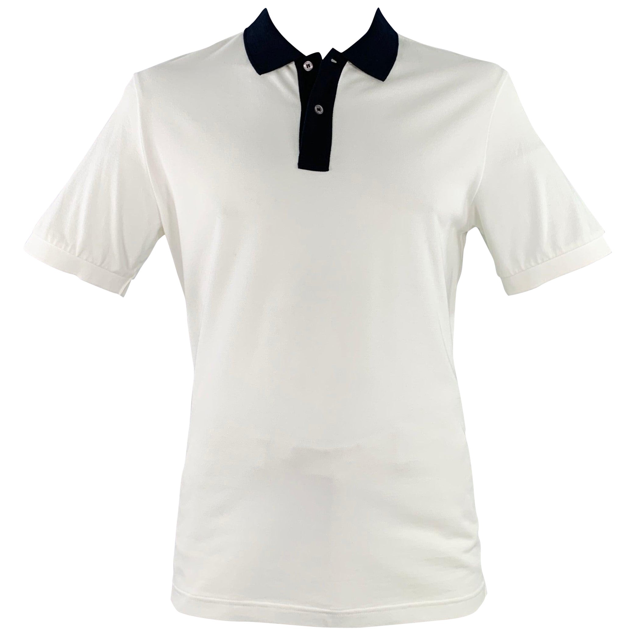 PRADA Size XXL White Navy Contrast Trim Cotton Pique Half Placket Polo For Sale