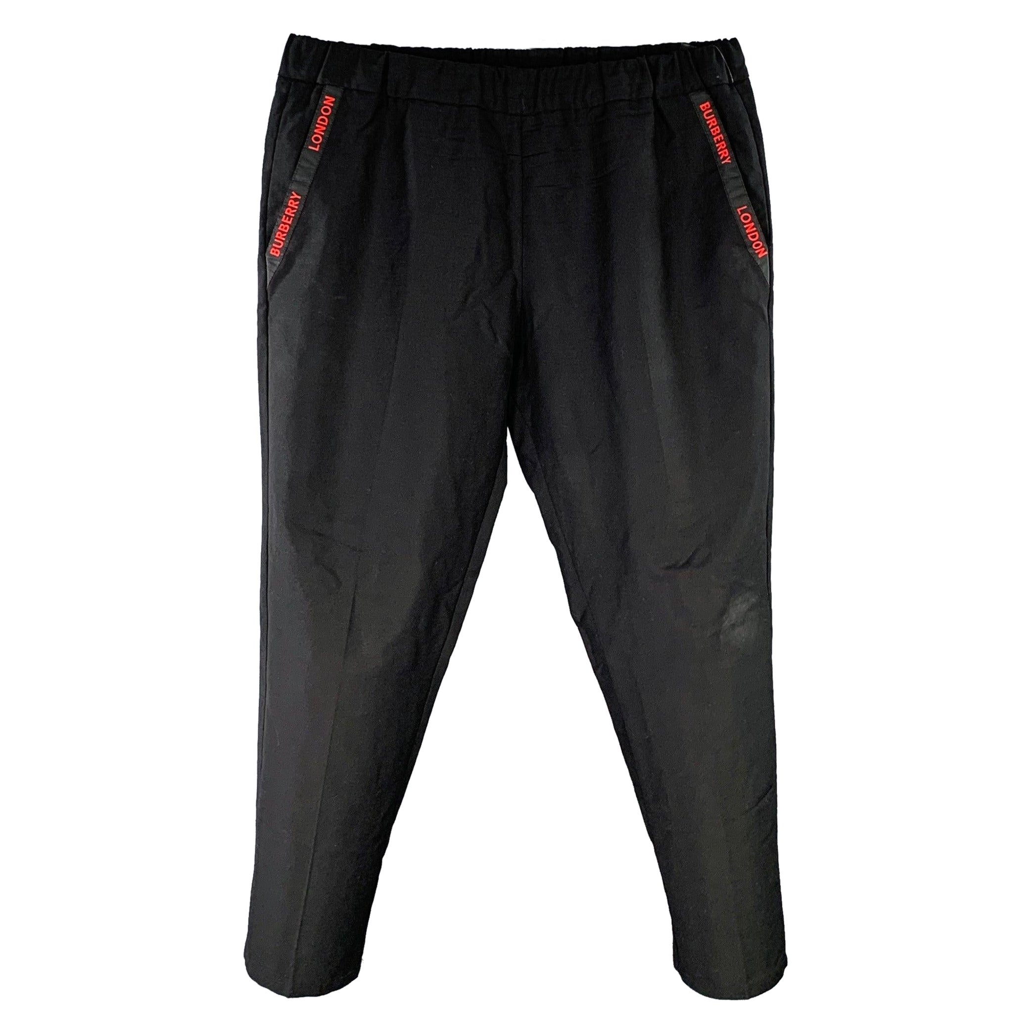 BURBERRY Size L Black Red Logo Wool Mohair Elastic Waistband Casual Pants For Sale