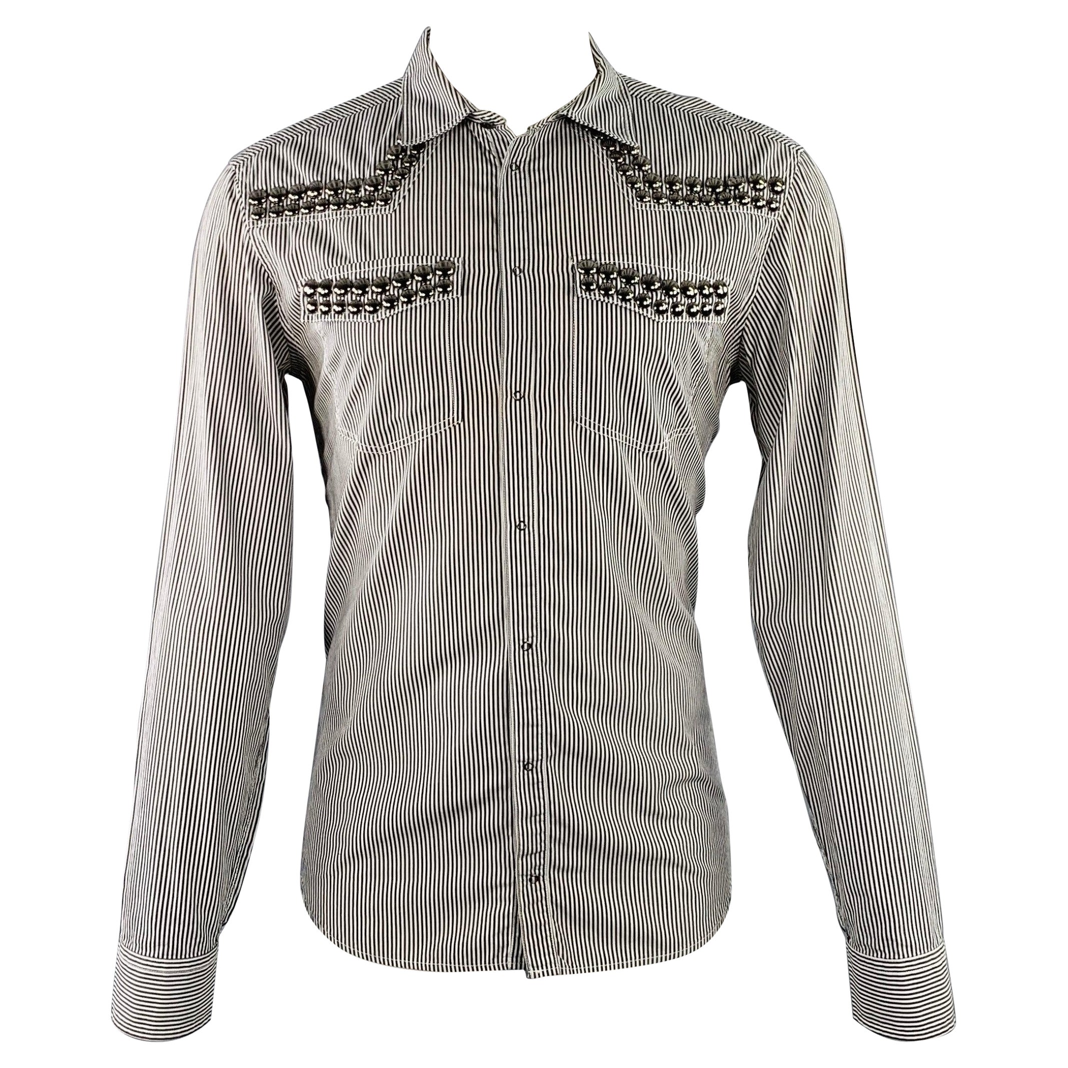 PIERRE BALMAIN Size M Silver Black White Stripe Studded Cotton Long Sleeve Shirt For Sale