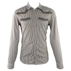 PIERRE BALMAIN Größe M Silber Schwarz Weiß gestreiftes langärmeliges Hemd aus Baumwolle mit Nieten